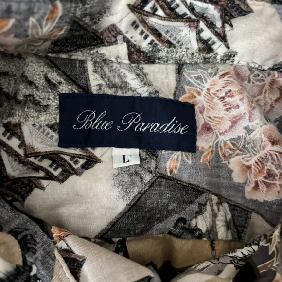 Vintage 90s Blue Paradise Pullover Hawaiian Shirt L Black Reverse Asian Print - Picture 6 of 9